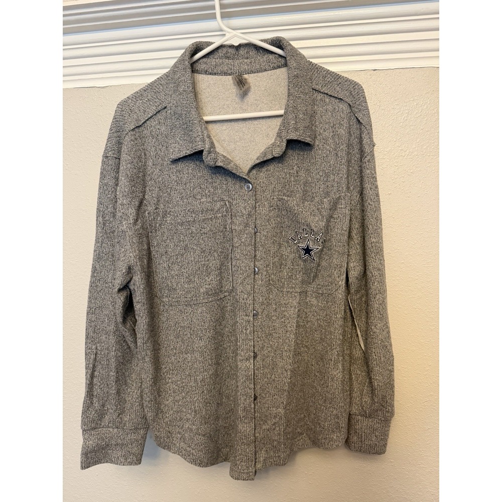 Dallas Cowboys Womens Brushed Knit Button Down Shacket Jacket Heather Grey Large